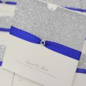 royal blue, silver glitter wallet invite